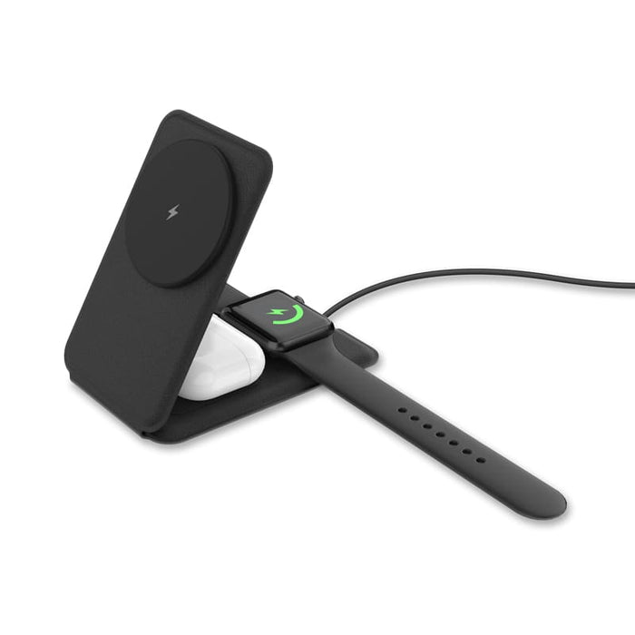 Sherry 15W Foldable 3-in-1 Magnetic Wireless Charger - A black foldable 3-in-1 magnetic wireless charger with a spot for a phone, AirPods, and an Apple Watch.