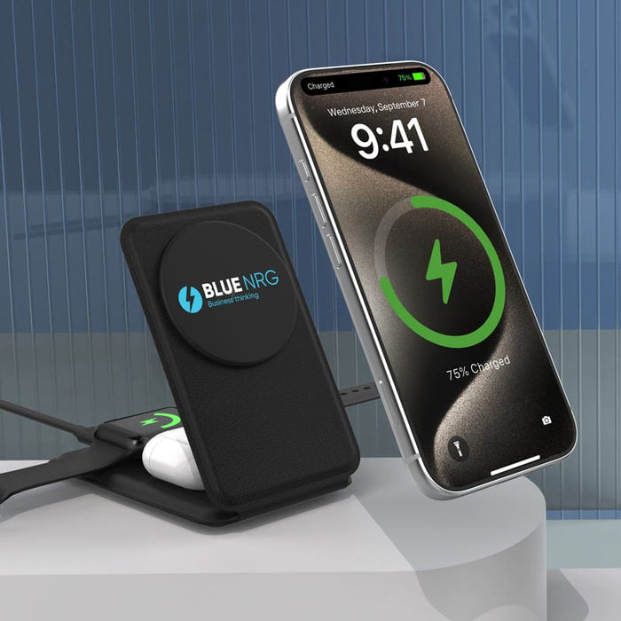 Sherry 15W Foldable 3-in-1 Magnetic Wireless Charger - A black foldable wireless charger with a phone displaying charging status, featuring a logo on the charger.