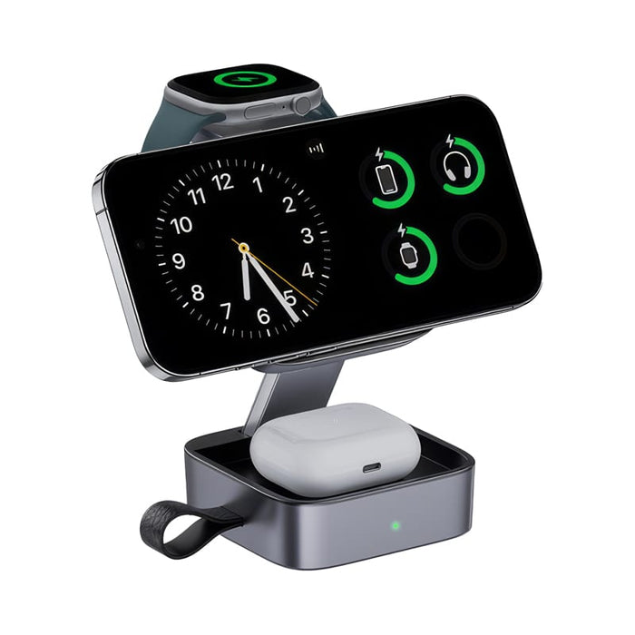 Everest 3-in-1 15W Magnetic Wireless Charging Station - A 15W magnetic wireless charging station in silver, featuring a phone holder, smartwatch dock, and AirPods charging slot.