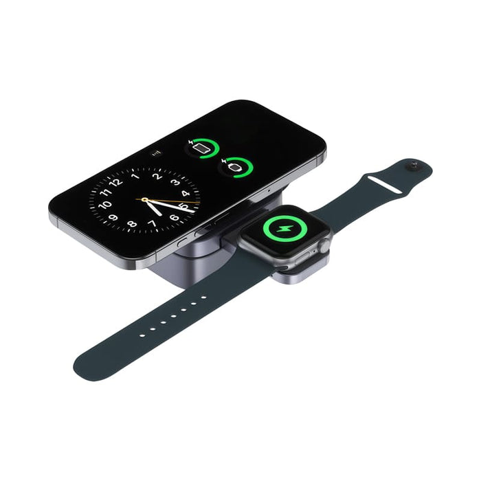 Everest 3-in-1 15W Magnetic Wireless Charging Station - A magnetic wireless charging station with a black finish, designed for a smartphone and smartwatch, featuring a circular display.