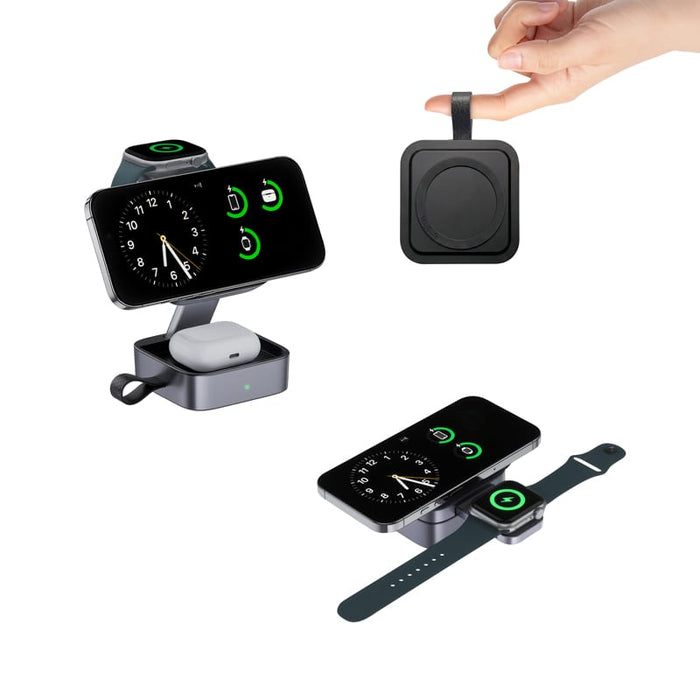 Everest 3-in-1 15W Magnetic Wireless Charging Station - A 15W magnetic wireless charging station in black, displaying a phone, AirPods, and a watch in a compact design.