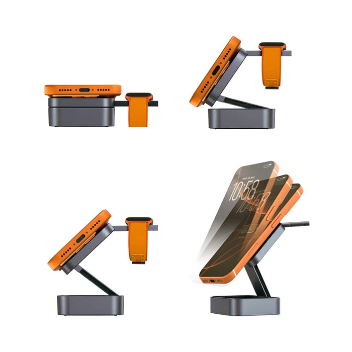 Everest 3-in-1 15W Magnetic Wireless Charging Station - A 15W magnetic wireless charging station in orange and black, with adjustable stand and space for a smartwatch.