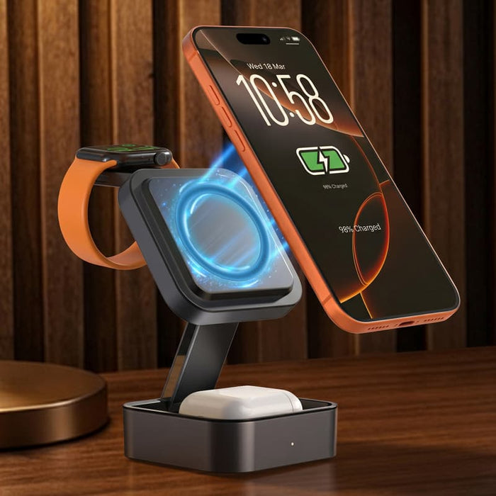Everest 3-in-1 15W Magnetic Wireless Charging Station - A black 3-in-1 wireless charging station features a magnetic holder for a smartphone, and holders for an Apple Watch and AirPods.