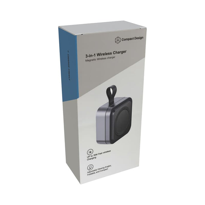 Everest 3-in-1 15W Magnetic Wireless Charging Station - A 3-in-1 magnetic wireless charging station in a grey and blue box, featuring a compact design and a logo.