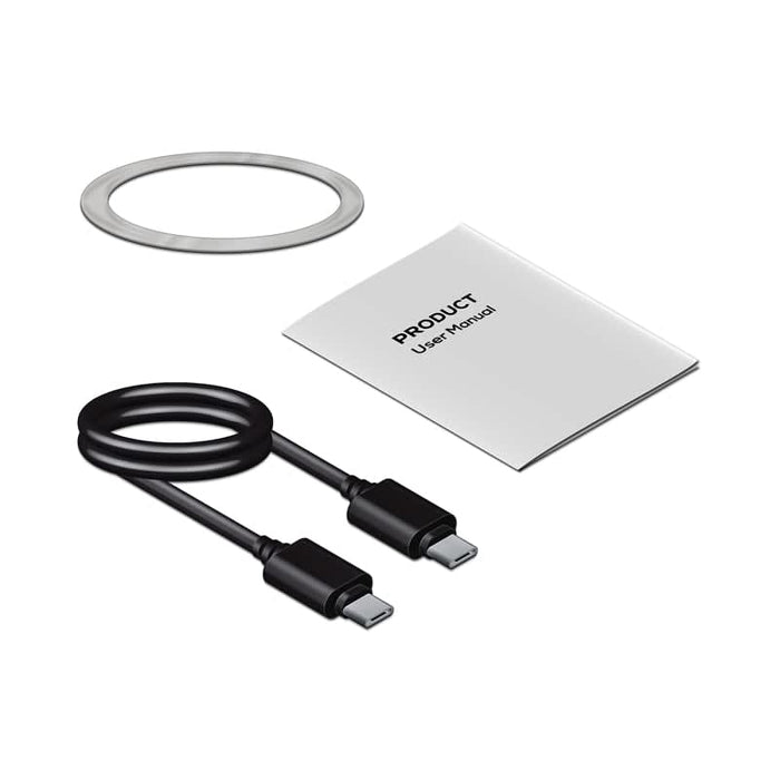 Everest 3-in-1 15W Magnetic Wireless Charging Station - A power bank with a metallic ring, a user manual, and a black USB-C charging cable.