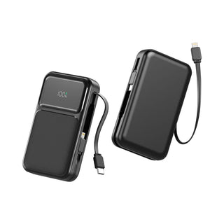 Brunswick PD 22.5W Retractable Cable Power Bank - 10000 mAh (Stock) - A black retractable cable power bank featuring a 10000 mAh capacity and an LED battery indicator.