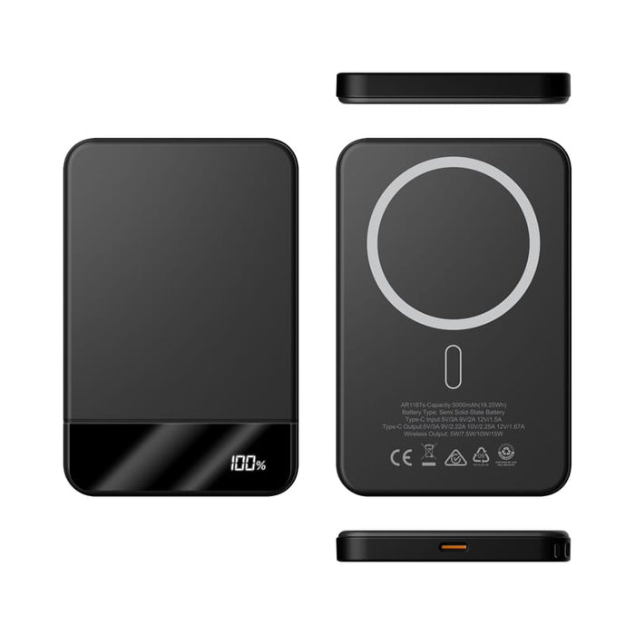 Apex Semi-Solid-State 22.5W MagSafe Wireless Power Bank - 5000 mAh (Stock) - A sleek black MagSafe wireless power bank with a 5000 mAh capacity and a circular charging pad design.