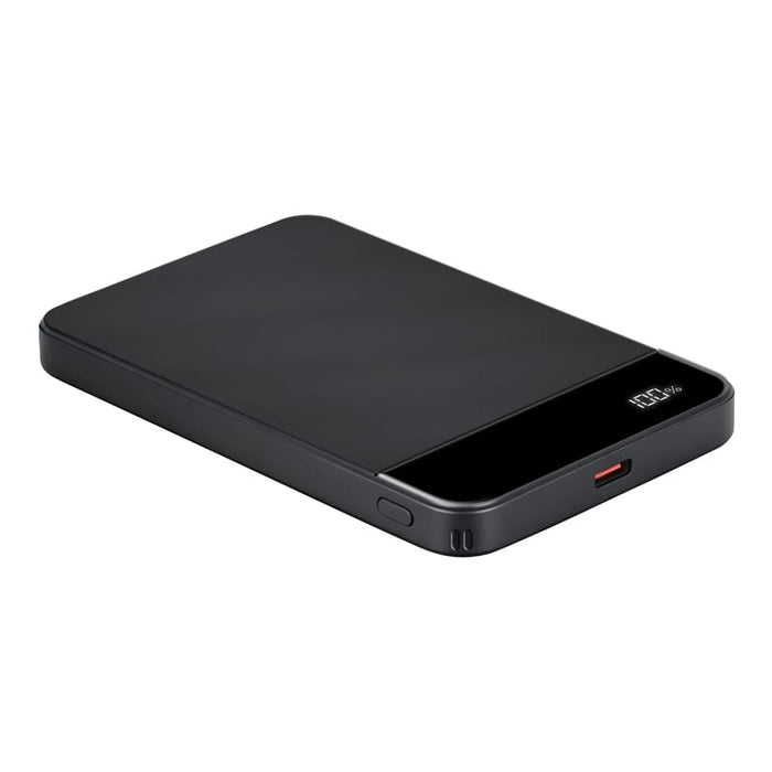Apex Semi-Solid-State 22.5W MagSafe Wireless Power Bank - 5000 mAh (Stock) - A black wireless power bank with a sleek design, featuring a logo and a USB-C port.
