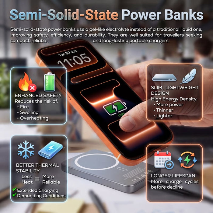Apex Semi-Solid-State 22.5W MagSafe Wireless Power Bank - 5000 mAh (Stock) - Apex Semi-Solid-State 22.5W MagSafe wireless power bank in orange and black, featuring a slim, lightweight design.