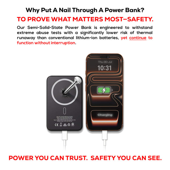 Apex Semi-Solid-State 22.5W MagSafe Wireless Power Bank - 5000 mAh (Stock) - Apex Semi-Solid-State 22.5W MagSafe Wireless Power Bank in black, with a smartphone charging on top. Features branding.