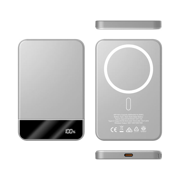 Apex Semi-Solid-State 22.5W MagSafe Wireless Power Bank - 5000 mAh (Stock) - A silver MagSafe wireless power bank with a circular charging pad and a battery indicator on the front.