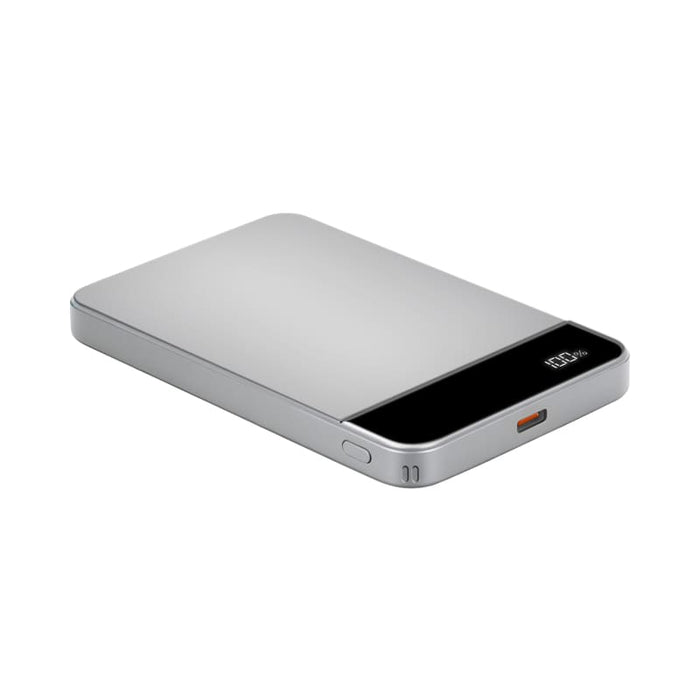 Apex Semi-Solid-State 22.5W MagSafe Wireless Power Bank - 5000 mAh (Stock) - A silver MagSafe wireless power bank with a sleek design, featuring a black section and a USB-C port.