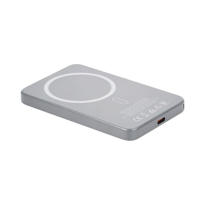 Apex Semi-Solid-State 22.5W MagSafe Wireless Power Bank - 5000 mAh (Stock) - A grey MagSafe wireless power bank with a circular charging area and a USB-C port. It has a branding logo.