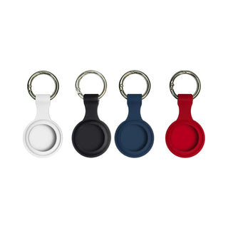Aspen Silicone Airtag Case - A set of four silicone Airtag cases in white, black, navy blue, and red, each with a metal keyring.