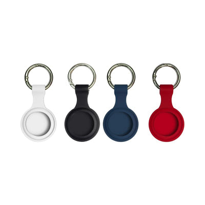 Aspen Silicone Airtag Case - A set of four silicone Airtag cases in white, black, navy blue, and red, each with a metal keyring.