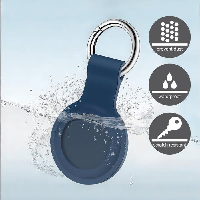 Aspen Silicone Airtag Case - A blue silicone Airtag case with a keyring, featuring a waterproof design and scratch-resistant surface.