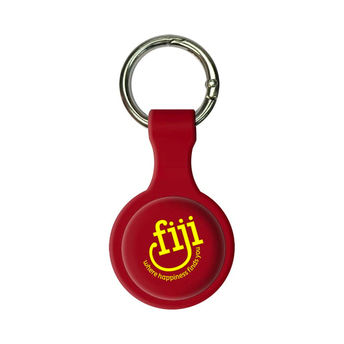 Aspen Silicone Airtag Case - A red silicone Airtag case with a keychain attachment and a logo on the front.