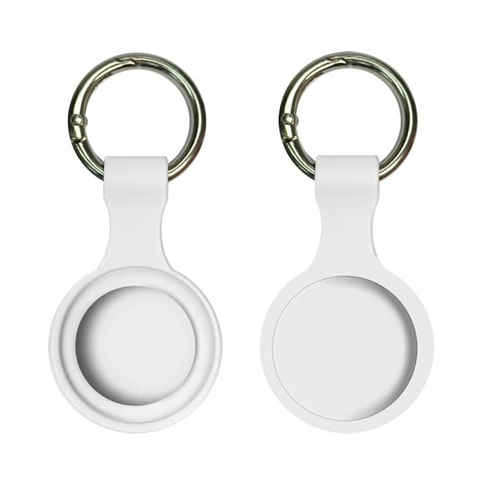 Aspen Silicone Airtag Case - A white silicone Airtag case with a round design and keyring attachment, featuring a branding logo.