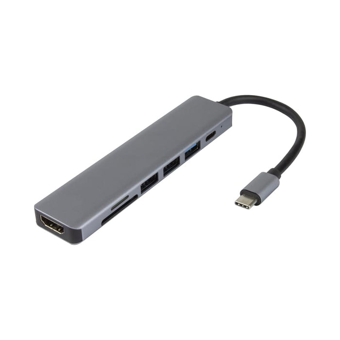 Hayden Type-C Hub (Type-C, Type-A, HDMI, PD100W) - A grey Type-C hub with multiple ports including Type-C, Type-A, HDMI, and SD card slots.
