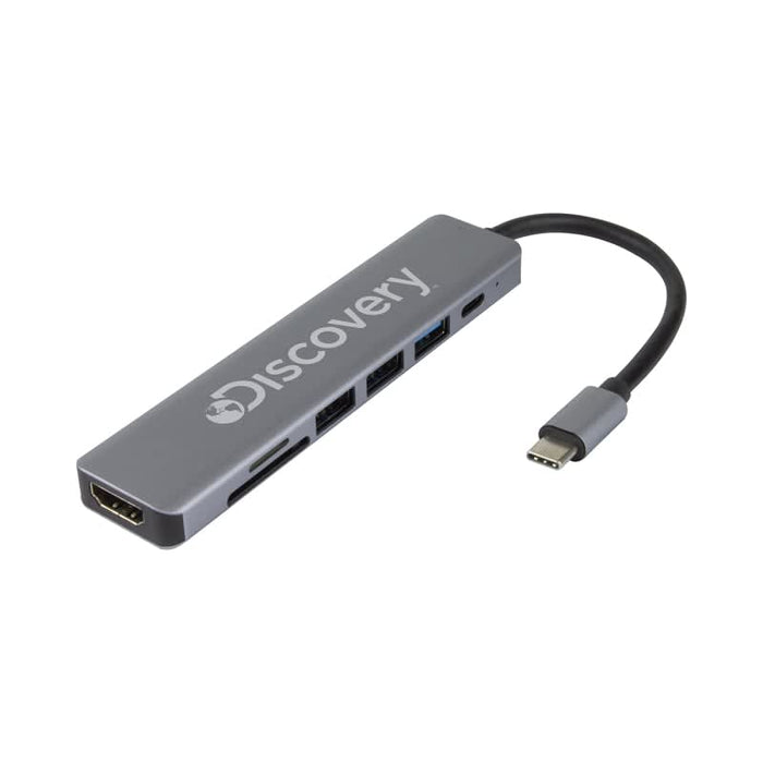 Hayden Type-C Hub (Type-C, Type-A, HDMI, PD100W) - A grey Type-C hub featuring multiple ports including Type-C, Type-A, HDMI, and an SD card slot. It has a logo.