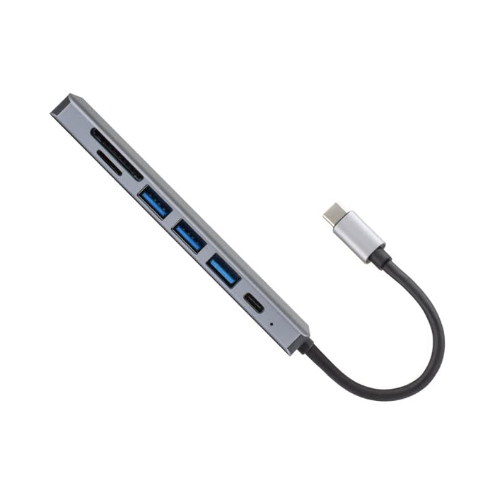 Hayden Type-C Hub (Type-C, Type-A, HDMI, PD100W) - A grey Type-C hub featuring multiple ports, including Type-C, Type-A, and HDMI connections, with a flexible cable.