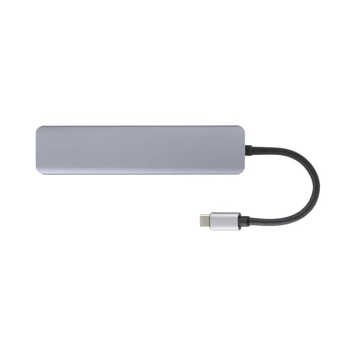 Hayden Type-C Hub (Type-C, Type-A, HDMI, PD100W) - A grey Type-C hub with multiple ports, including Type-C, Type-A, HDMI, and a cable connector.
