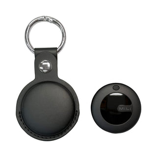 MiTag Duo Global Tracking Tag with PU Case (stock) - A black tracking tag with a PU case and a metal keyring attached, featuring a logo.