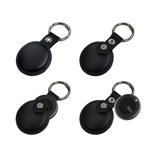 MiTag Duo Global Tracking Tag with PU Case (stock) - A set of black tracking tags with keyring attachments, featuring a PU case and rounded design.