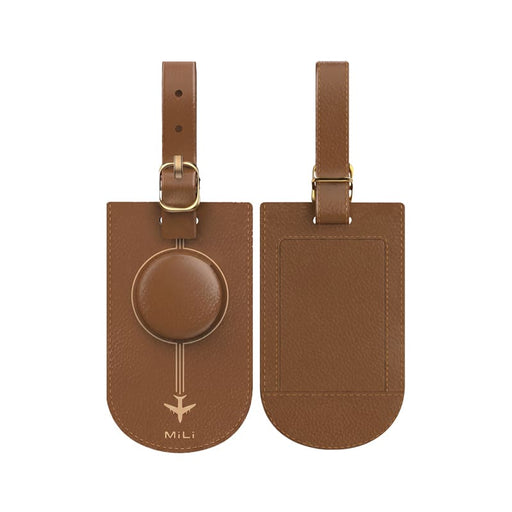 MiTag Duo Tracker Luggage Tag - A brown leather luggage tag with a circular attachment and a strap, featuring a logo.