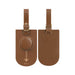MiTag Duo Tracker Luggage Tag - A brown leather luggage tag with a circular attachment and a strap, featuring a logo.