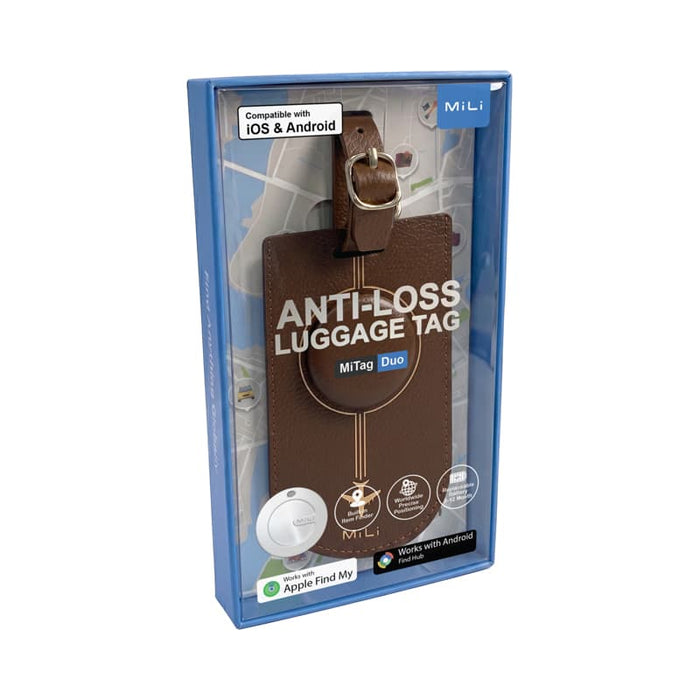 MiTag Duo Tracker Luggage Tag - A brown luggage tag in a box with a logo, featuring a tracker and a stylish design for travel.
