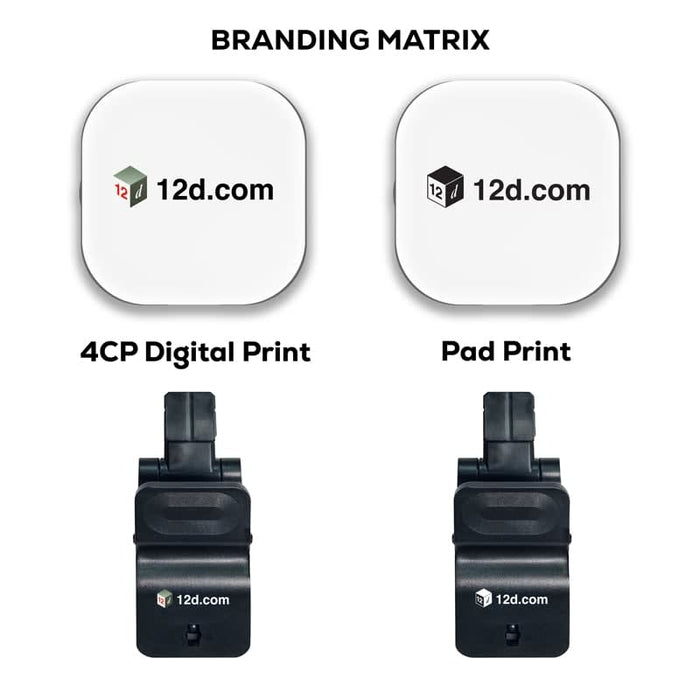 Essex Magnetic LED Selfie Light - A square branding matrix featuring two designs on a white background with black clips below.