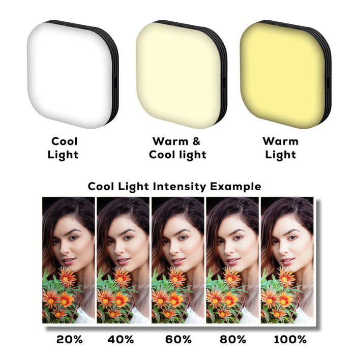 Essex Magnetic LED Selfie Light - A compact, square LED selfie light featuring cool and warm light options, available in black with different lighting intensities displayed.