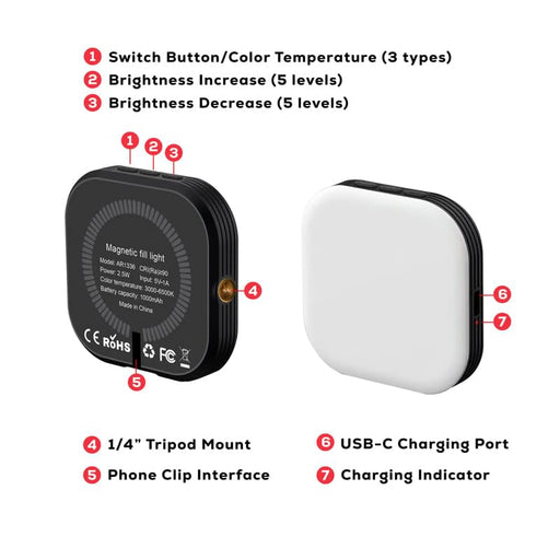 Essex Magnetic LED Selfie Light - A magnetic LED selfie light in black and white, featuring adjustable brightness and multiple connection options.
