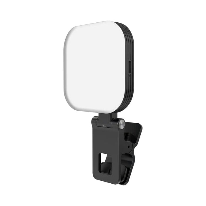 Essex Magnetic LED Selfie Light - A magnetic LED selfie light in black with a square white panel and adjustable clip for attachment.
