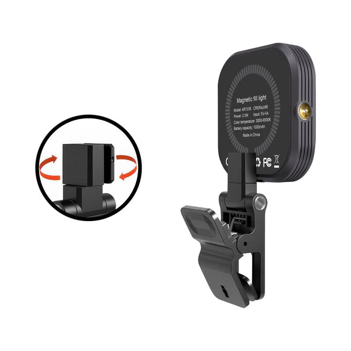 Essex Magnetic LED Selfie Light - A magnetic LED selfie light in black with an adjustable clip for attachment and a rotating feature.