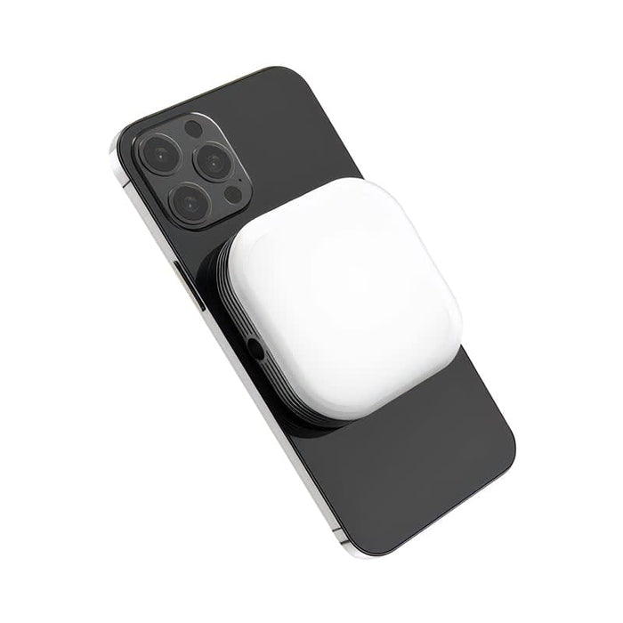 Essex Magnetic LED Selfie Light - A white magnetic LED selfie light attached to a black smartphone. The product has a logo on its surface.