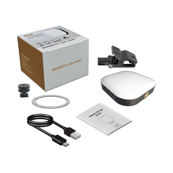 Essex Magnetic LED Selfie Light - A magnetic LED selfie light in white, with a box, USB cable, clip, and instruction manual.