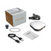 Essex Magnetic LED Selfie Light - A magnetic LED selfie light in white, with a box, USB cable, clip, and instruction manual.