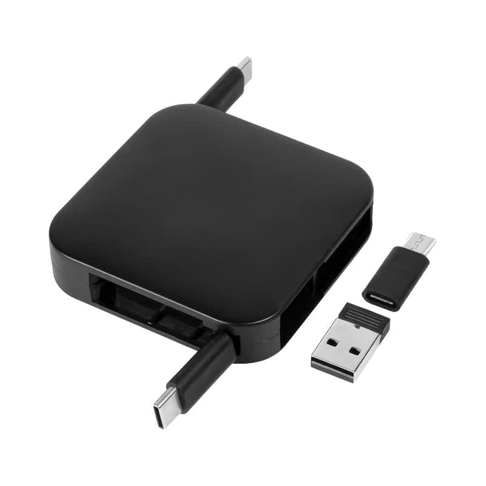 Avola Retractable Fast Charge Cable and Stand - A black retractable fast charge cable and stand with multiple connection types and a USB plug. It features a logo.