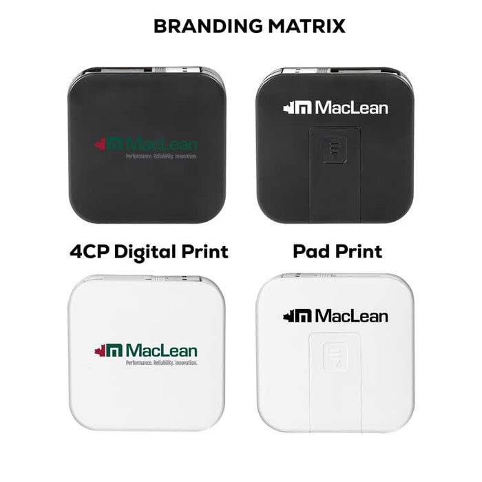 Avola Retractable Fast Charge Cable and Stand - A retractable fast charge cable and stand in black and white, featuring a branding logo on each.