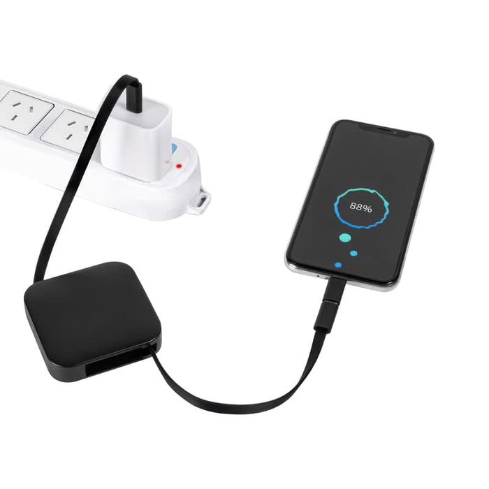 Avola Retractable Fast Charge Cable and Stand - Avola retractable fast charge cable in black, connecting to a smartphone displaying a charging status.