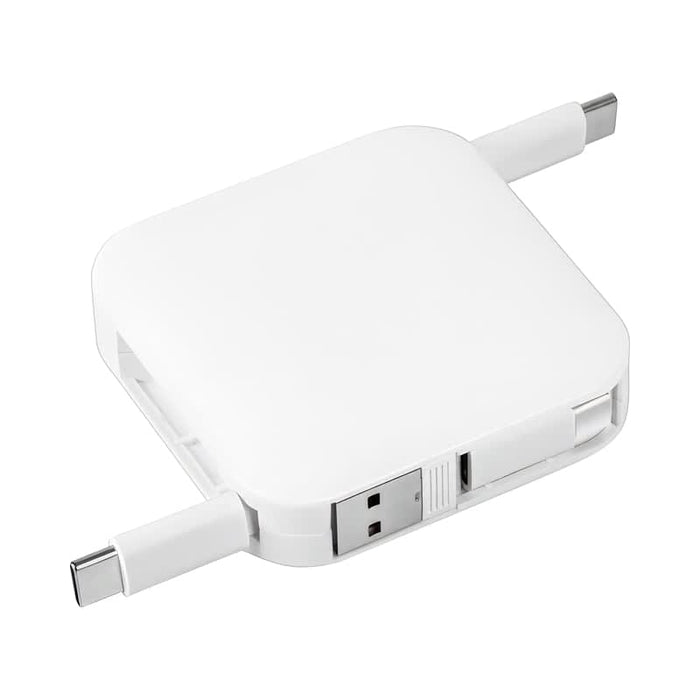 Avola Retractable Fast Charge Cable and Stand - A white retractable fast charge cable with two connectors, featuring a compact, square design and a branding logo.