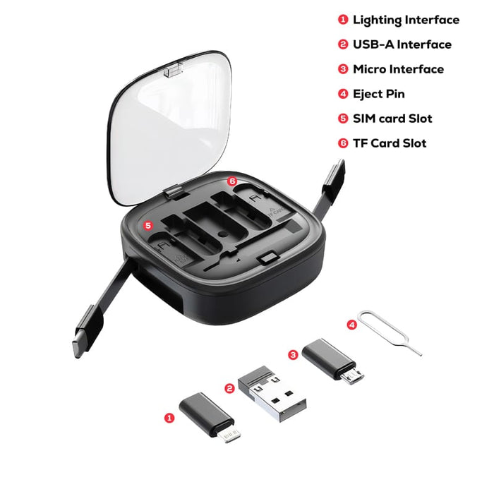 Catania Retractable 60W Fast Charging and Data Cable Set - A black, retractable cable set featuring multiple interfaces including Lighting, USB-A, and micro, with slots for SIM and TF cards.