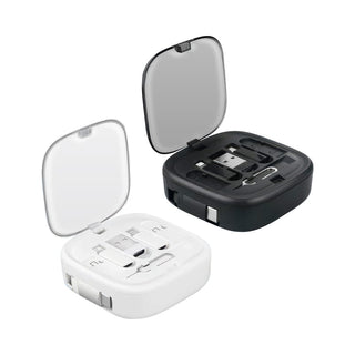 Catania Retractable 60W Fast Charging and Data Cable Set - A retractable charging and data cable set in black and white cases, featuring connectors for various devices.