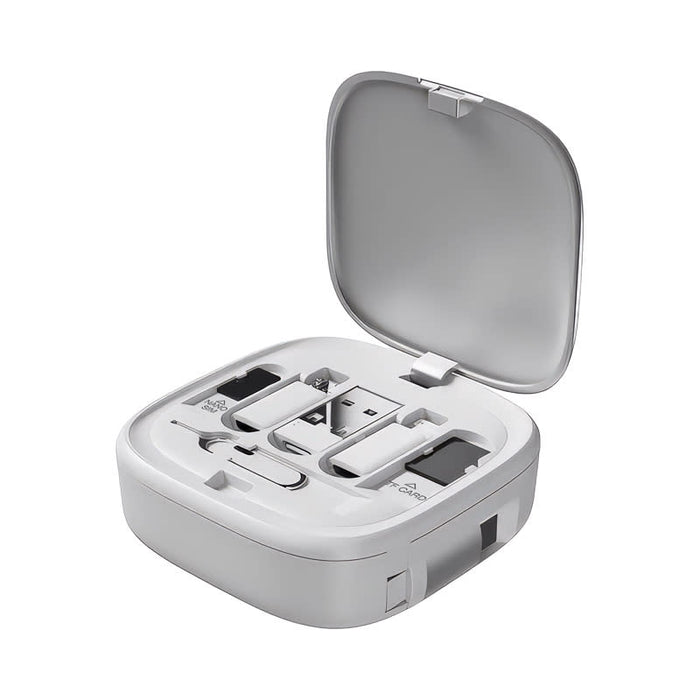 Catania Retractable 60W Fast Charging and Data Cable Set - A compact grey storage case containing a retractable 60W fast charging and data cable set with various connectors.