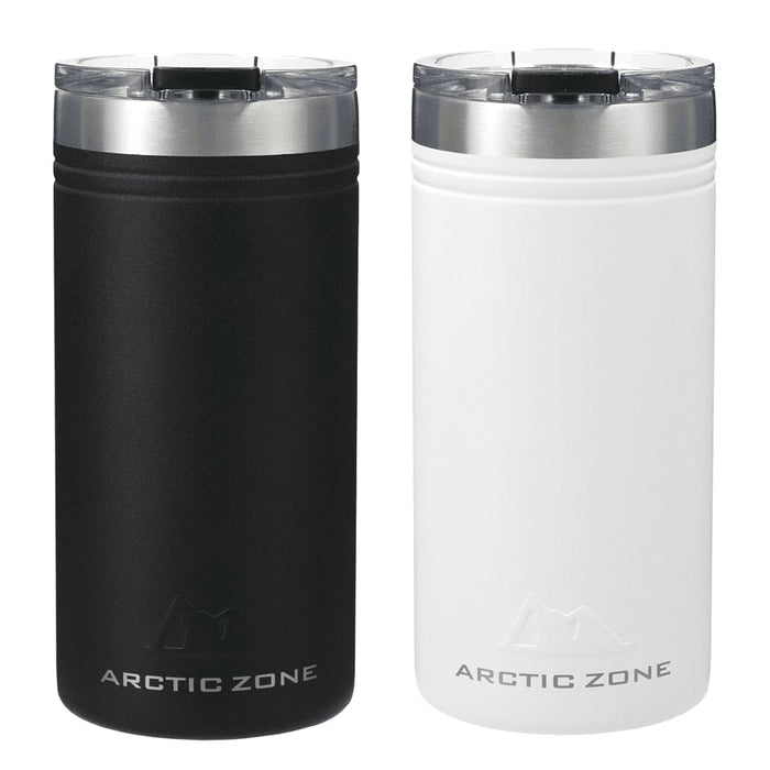 Arctic Zone Titan Thermal HP Slim Cooler 350ml - A drink bottle set featuring a black and a white Arctic Zone Titan Thermal HP Slim Cooler with a silver lid.