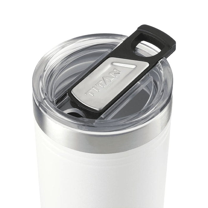 Arctic Zone Titan Thermal HP Slim Cooler 350ml - A drink bottle with a clear lid and black tab, featuring a stainless steel rim and a white body.