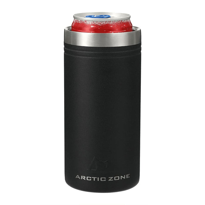 Arctic Zone Titan Thermal HP Slim Cooler 350ml - A drink bottle with a sleek black finish and stainless steel rim, designed to fit a 350ml beverage can.
