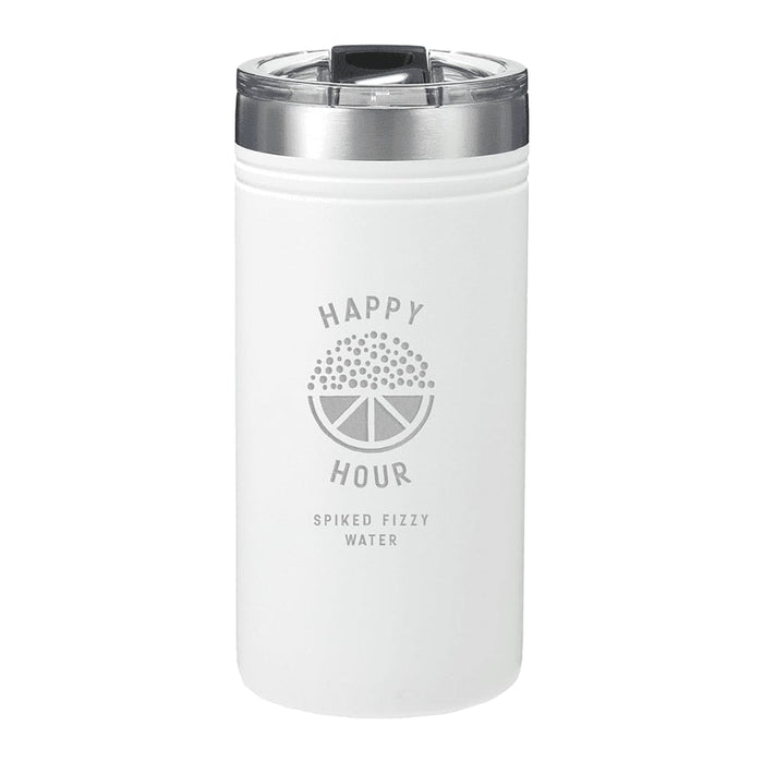 Arctic Zone Titan Thermal HP Slim Cooler 350ml - A drink bottle in white featuring a silver lid, with a logo and text design for "Happy Hour."